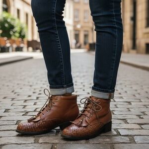 VTG Ariat Boots Women's 5.5B Brown Leather Kiltie Tassel Woven Retro Western